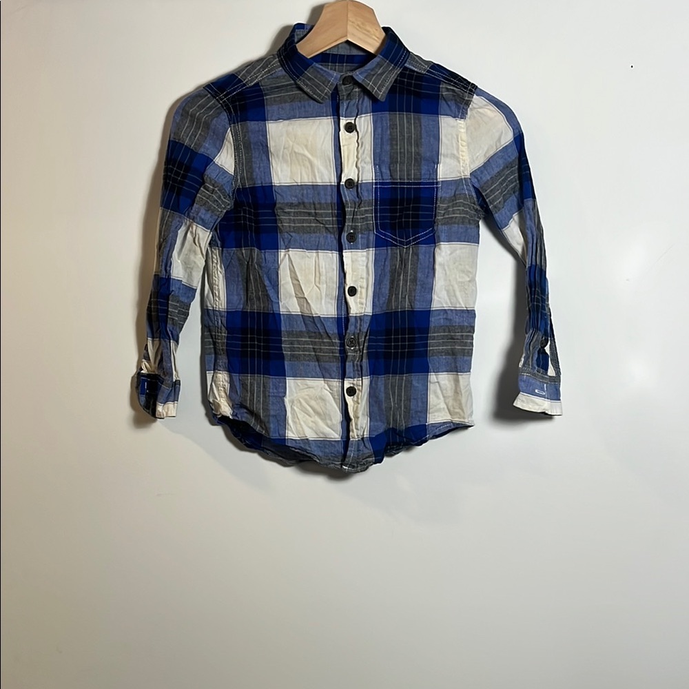 Cat & Jack Kids (6/7) Blue Plaid Long Sleeve Button Down Shirt